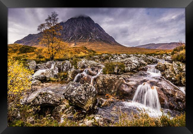 Buachaille Etive Mor and River Coupall Waterfall Framed Print by John Frid