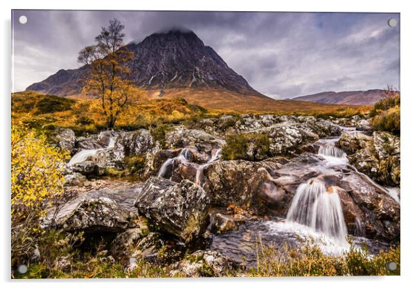 Buachaille Etive Mor and River Coupall Waterfall Acrylic by John Frid