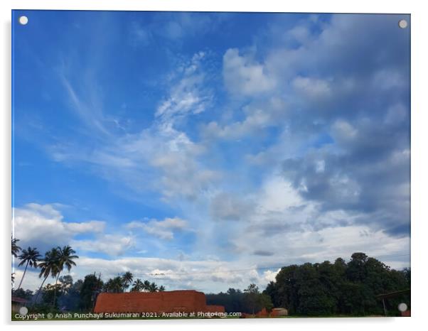 Beautiful blue sky and coconut tree ,a view from kerala  Acrylic by Anish Punchayil Sukumaran