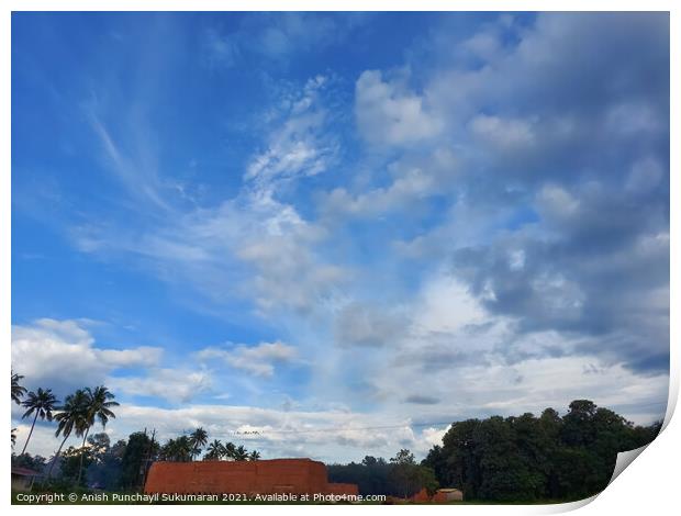 Beautiful blue sky and coconut tree ,a view from kerala  Print by Anish Punchayil Sukumaran