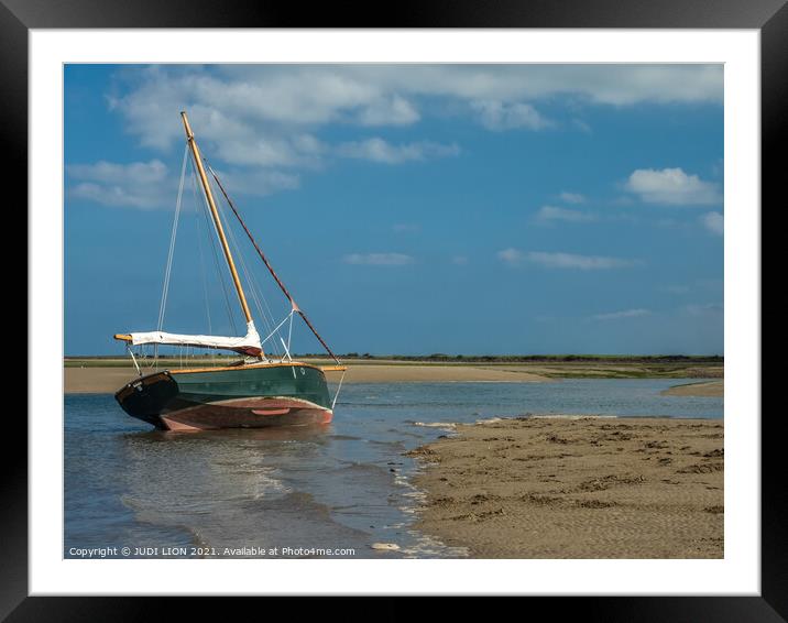 Green boat in shallow water Framed Mounted Print by JUDI LION