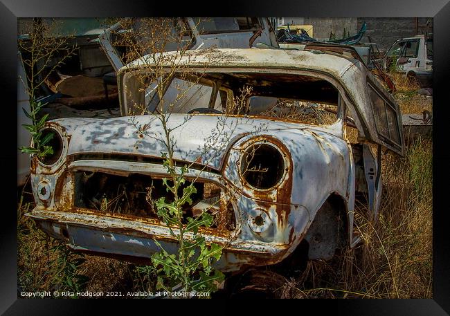 Abandoned Vintage Rusty car in junkyard Framed Print by Rika Hodgson