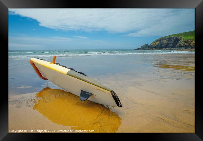 Surfboard on Praa Sands Beach, Cornwall, Enlgand, Seascape Framed Print by Rika Hodgson