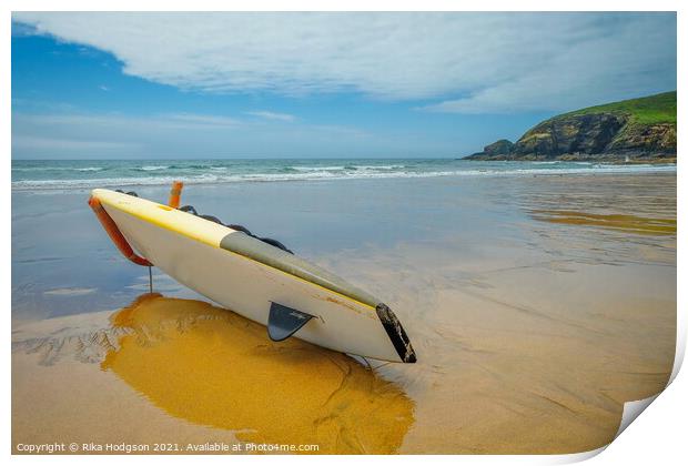 Surfboard on Praa Sands Beach, Cornwall, Enlgand, Seascape Print by Rika Hodgson