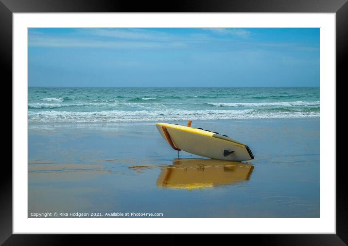 Surfboard & Reflection on Praa Sands Beach, Cornwall Framed Mounted Print by Rika Hodgson