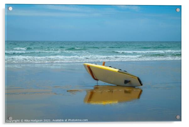 Surfboard & Reflection on Praa Sands Beach, Cornwall Acrylic by Rika Hodgson