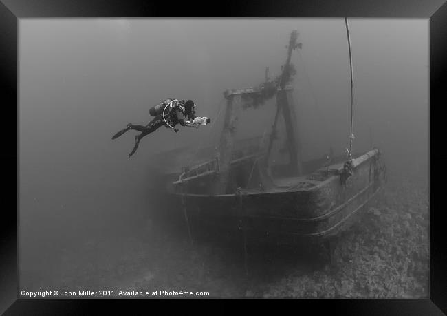 Diver/Videographer on Fishing Boat Wreck, Hurgada, Framed Print by John Miller