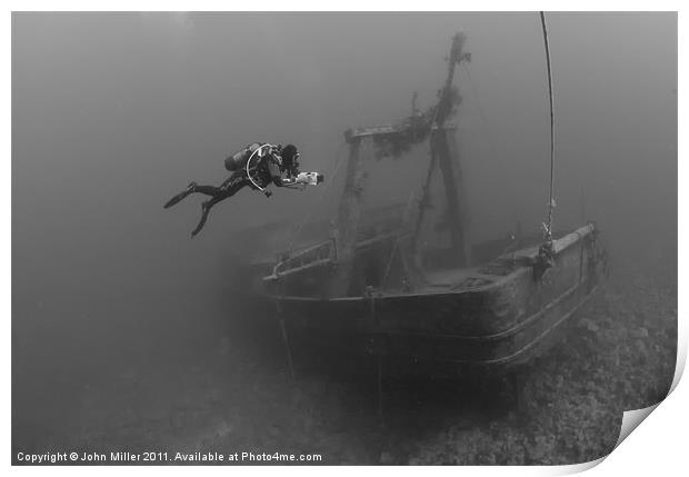 Diver/Videographer on Fishing Boat Wreck, Hurgada, Print by John Miller