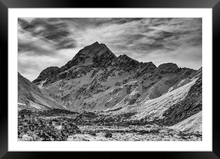 Mount Cook and Hooker Glacier, end of Hooker Valley Track, Mount Cook National Park, New Zealand (black and white) Framed Mounted Print by Chun Ju Wu