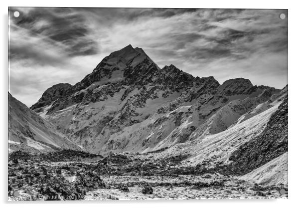 Mount Cook and Hooker Glacier, end of Hooker Valley Track, Mount Cook National Park, New Zealand (black and white) Acrylic by Chun Ju Wu