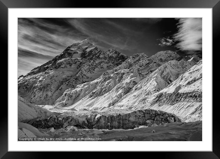 Mount Cook and Hooker Glacier, end of Hooker Valley Track, Mount Cook National Park, New Zealand (black and white) Framed Mounted Print by Chun Ju Wu