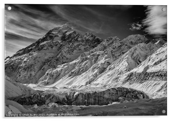 Mount Cook and Hooker Glacier, end of Hooker Valley Track, Mount Cook National Park, New Zealand (black and white) Acrylic by Chun Ju Wu