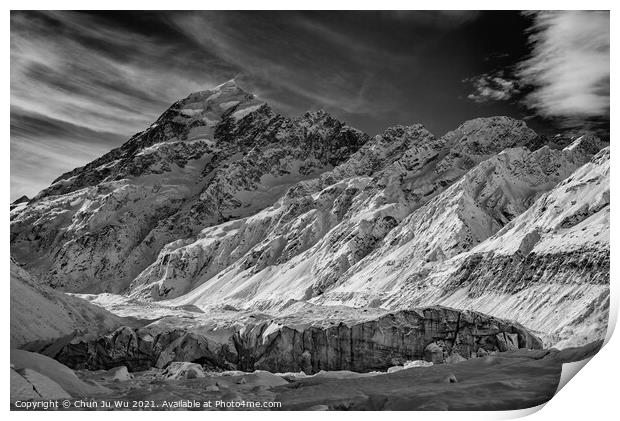Mount Cook and Hooker Glacier, end of Hooker Valley Track, Mount Cook National Park, New Zealand (black and white) Print by Chun Ju Wu
