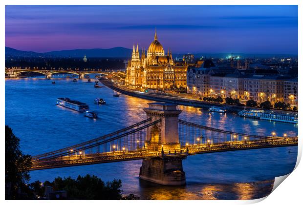 Blue Hour in City of Budapest Print by Artur Bogacki