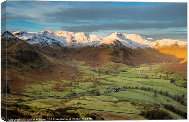 Bowfell, Crinkle Crags and the Langdale valley Canvas Print by Justin Foulkes