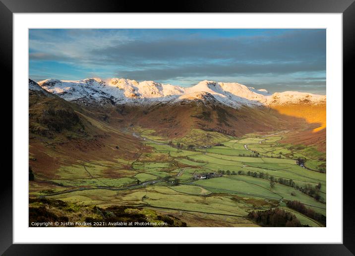 Bowfell, Crinkle Crags and the Langdale valley Framed Mounted Print by Justin Foulkes