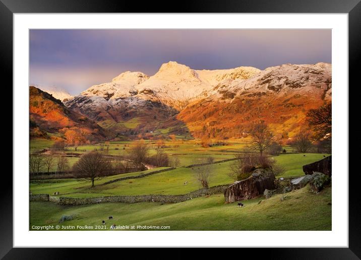 Winter sunrise in the Langdale Valley Framed Mounted Print by Justin Foulkes