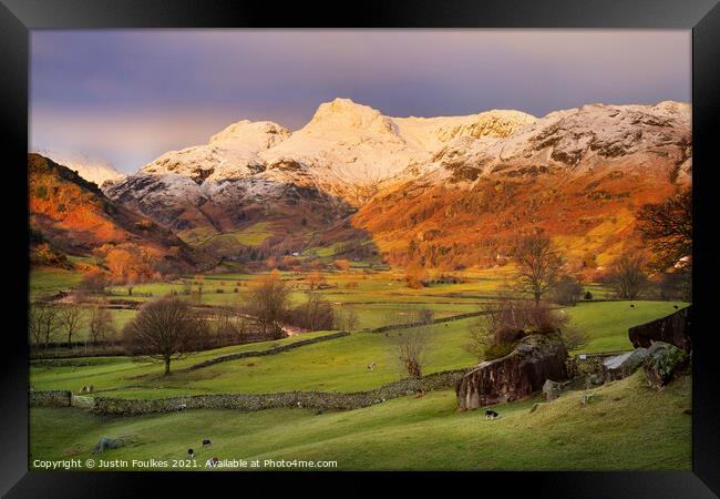 Winter sunrise in the Langdale Valley Framed Print by Justin Foulkes