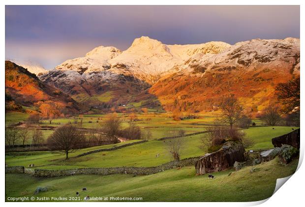 Winter sunrise in the Langdale Valley Print by Justin Foulkes