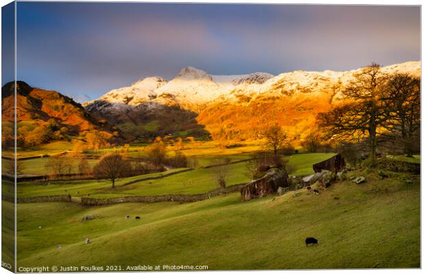 The Langdale Valley, at sunrise, Lake District, UK Canvas Print by Justin Foulkes