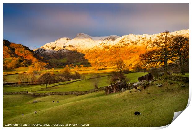 The Langdale Valley, at sunrise, Lake District, UK Print by Justin Foulkes