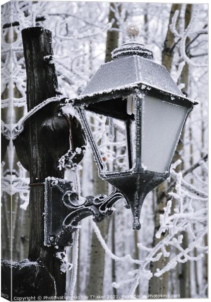 An Abstract of Lamp post with a frost and ice on a freezing winter day. Canvas Print by PhotOvation-Akshay Thaker