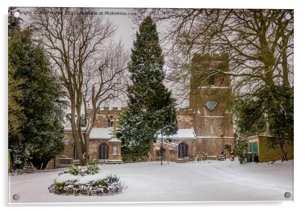  Snowy St Botolph's Church, Rugby, Warwickshire Acrylic by Avril Harris