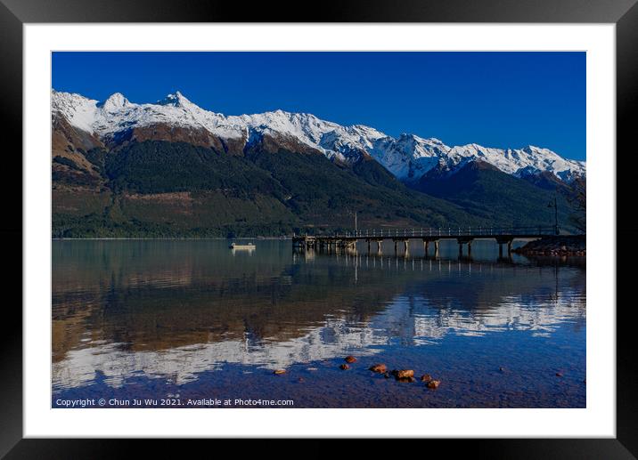Glenorchy Wharf with reflection of snow mountains on the lake, South Island, New Zealand Framed Mounted Print by Chun Ju Wu