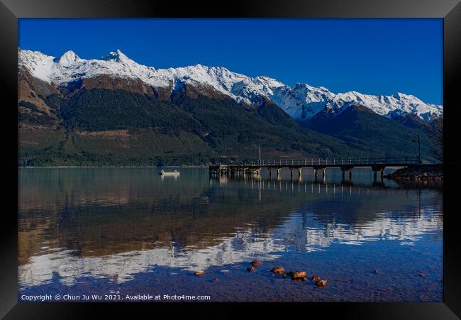 Glenorchy Wharf with reflection of snow mountains on the lake, South Island, New Zealand Framed Print by Chun Ju Wu