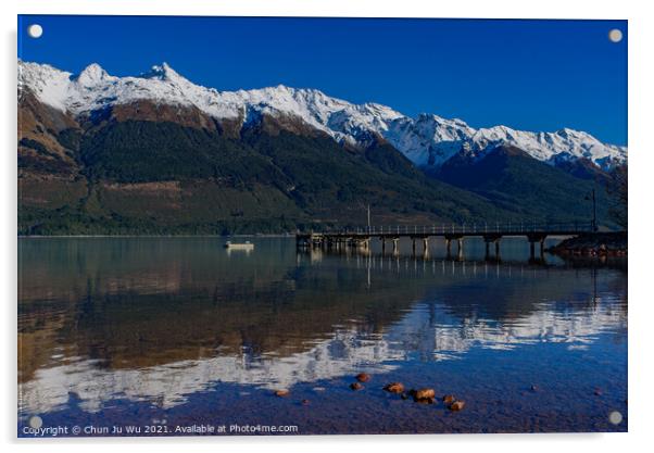 Glenorchy Wharf with reflection of snow mountains on the lake, South Island, New Zealand Acrylic by Chun Ju Wu