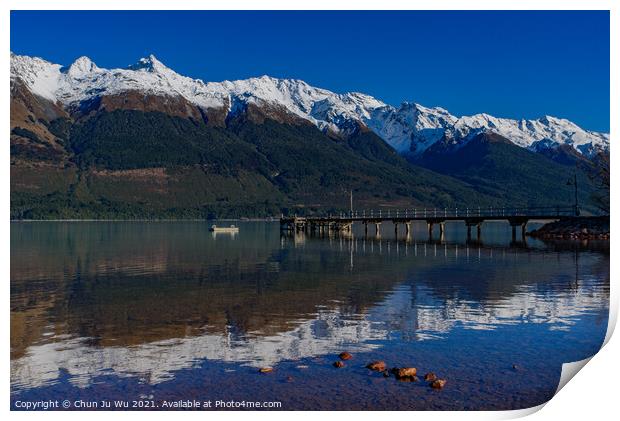 Glenorchy Wharf with reflection of snow mountains on the lake, South Island, New Zealand Print by Chun Ju Wu