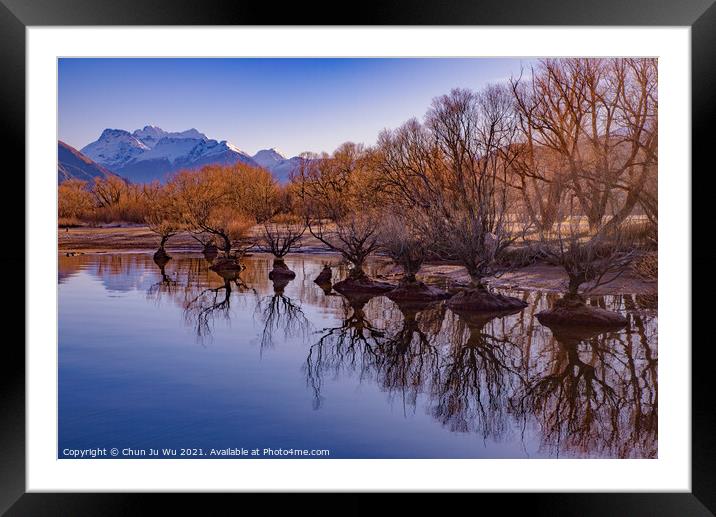 Reflection of trees on lake in winter in Glenorchy, New Zealand Framed Mounted Print by Chun Ju Wu