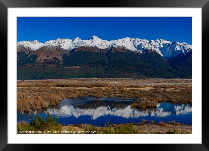 Reflection of snow mountains on lake in Glenorchy, South Island, New Zealand Framed Mounted Print by Chun Ju Wu