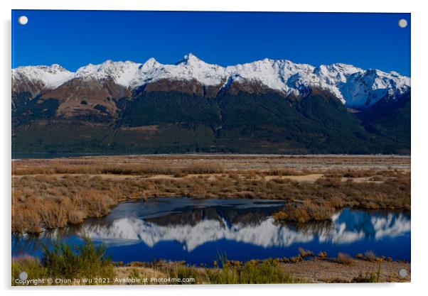 Reflection of snow mountains on lake in Glenorchy, South Island, New Zealand Acrylic by Chun Ju Wu