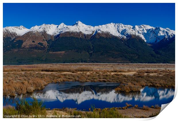 Reflection of snow mountains on lake in Glenorchy, South Island, New Zealand Print by Chun Ju Wu