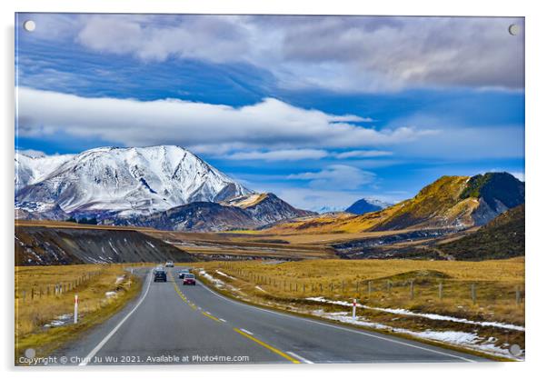 Road trip in winter with snow mountains at backgro Acrylic by Chun Ju Wu