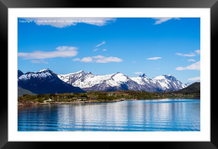 Snow capped Mountains on Norwegian Fjord Framed Mounted Print by Pearl Bucknall