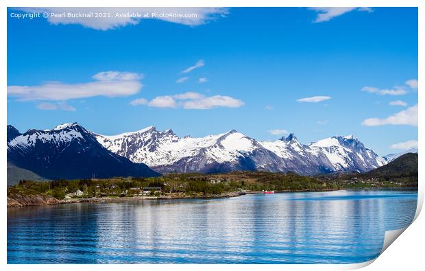 Snow capped Mountains on Norwegian Fjord Print by Pearl Bucknall