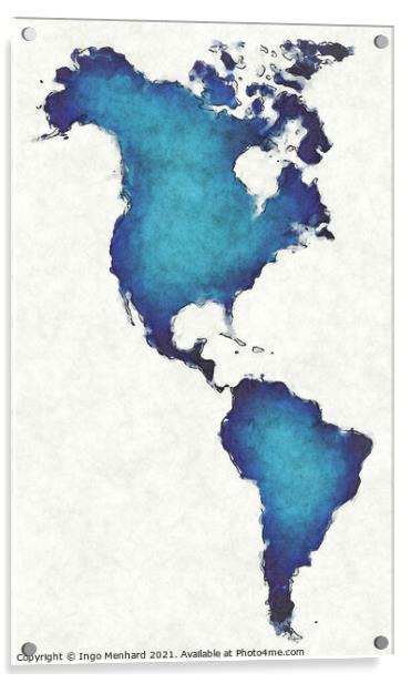 America map with drawn lines and blue watercolor illustration Acrylic by Ingo Menhard