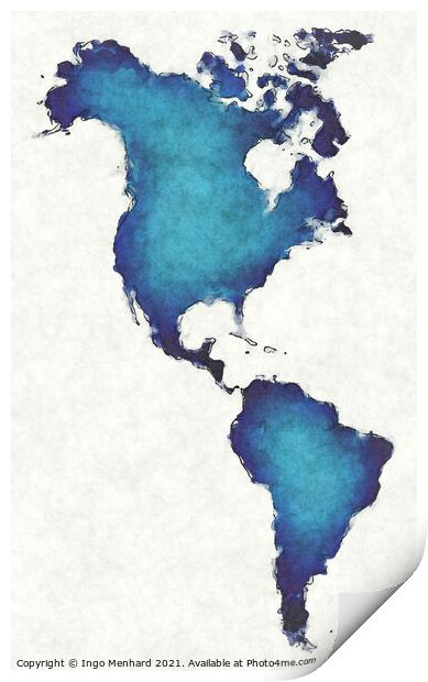 America map with drawn lines and blue watercolor illustration Print by Ingo Menhard