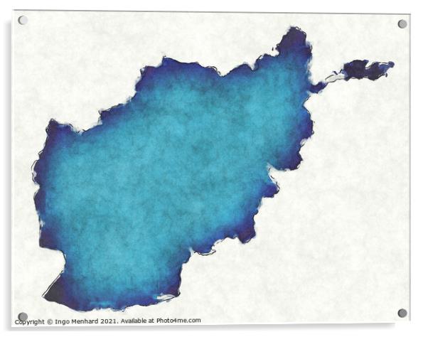 Afghanistan map with drawn lines and blue watercolor illustratio Acrylic by Ingo Menhard