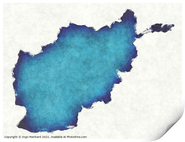 Afghanistan map with drawn lines and blue watercolor illustratio Print by Ingo Menhard