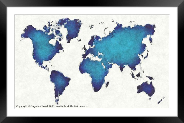 World map with drawn lines and blue watercolor illustration Framed Mounted Print by Ingo Menhard