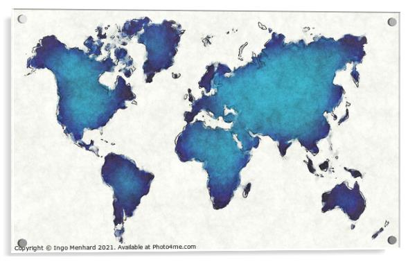 World map with drawn lines and blue watercolor illustration Acrylic by Ingo Menhard