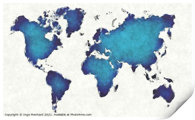 World map with drawn lines and blue watercolor illustration Print by Ingo Menhard