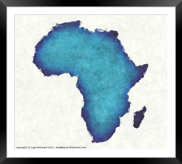 Africa map with drawn lines and blue watercolor illustration Framed Mounted Print by Ingo Menhard