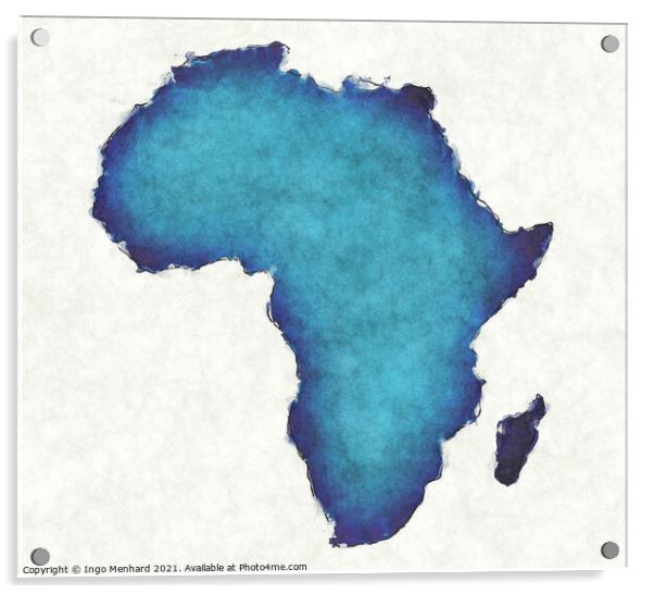 Africa map with drawn lines and blue watercolor illustration Acrylic by Ingo Menhard