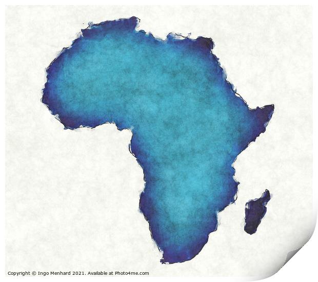 Africa map with drawn lines and blue watercolor illustration Print by Ingo Menhard