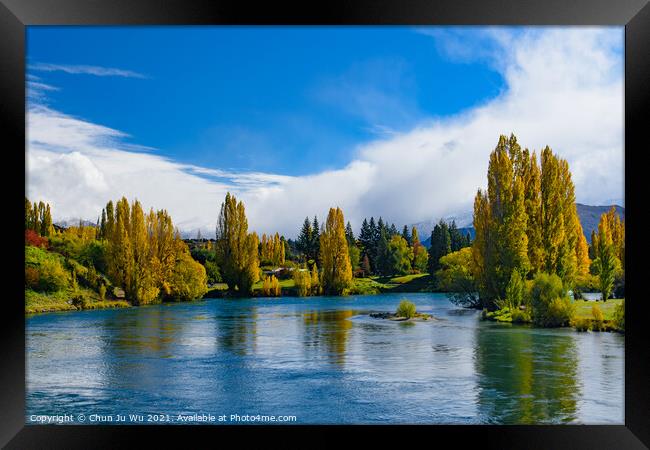 Landscape of autumn trees and river in South Island, New Zealand Framed Print by Chun Ju Wu