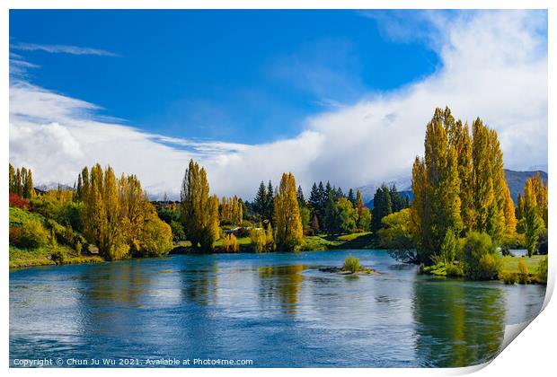 Landscape of autumn trees and river in South Island, New Zealand Print by Chun Ju Wu